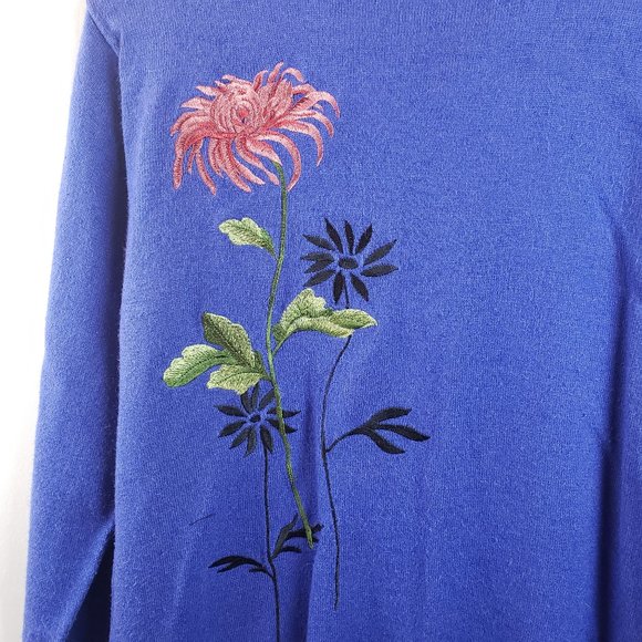 Yi Lin Womens Floral Pullover Sweater Silk Blue - Picture 4 of 6